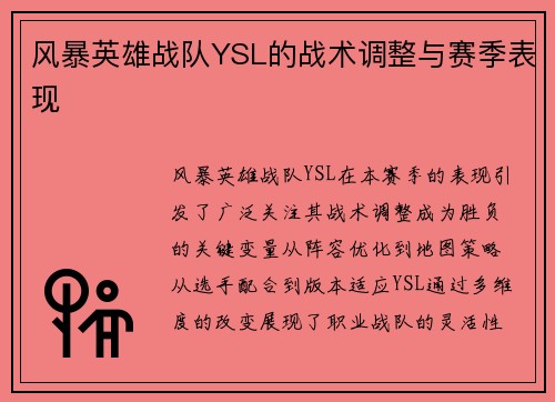 风暴英雄战队YSL的战术调整与赛季表现