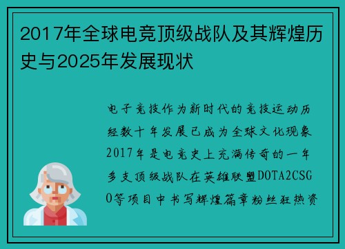 2017年全球电竞顶级战队及其辉煌历史与2025年发展现状
